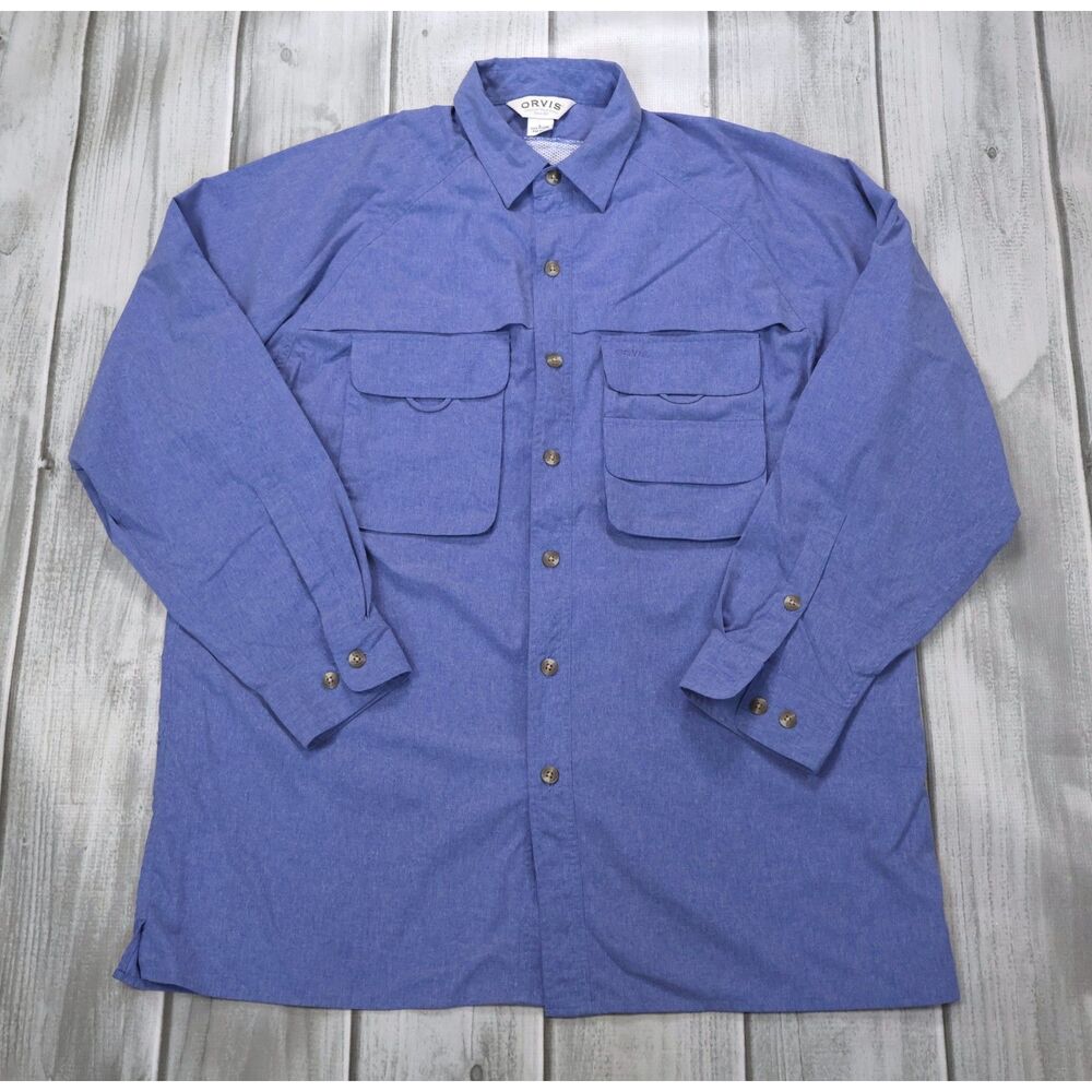 Orvis Men’s Blue Button Down Shirt Long ROLL UP Sleeve Pockets Size L Casting